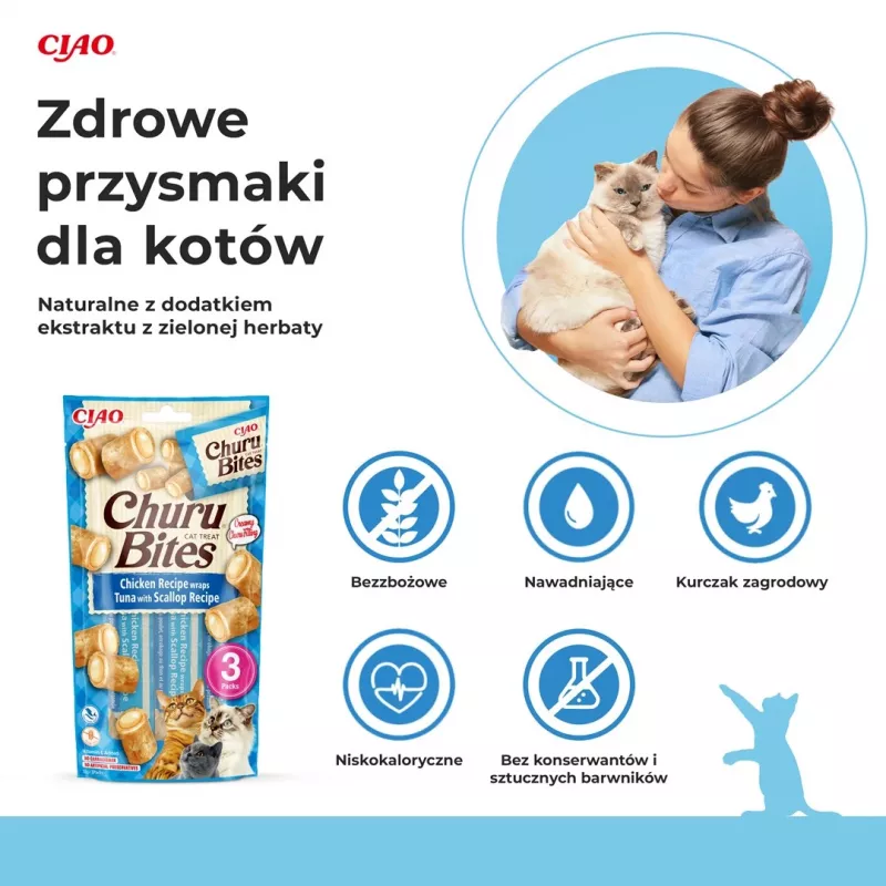 INABA Churu Bites vistas gaļa ar tunci un jūras ķemmītēm – kaķu kārumi – 3x10 g