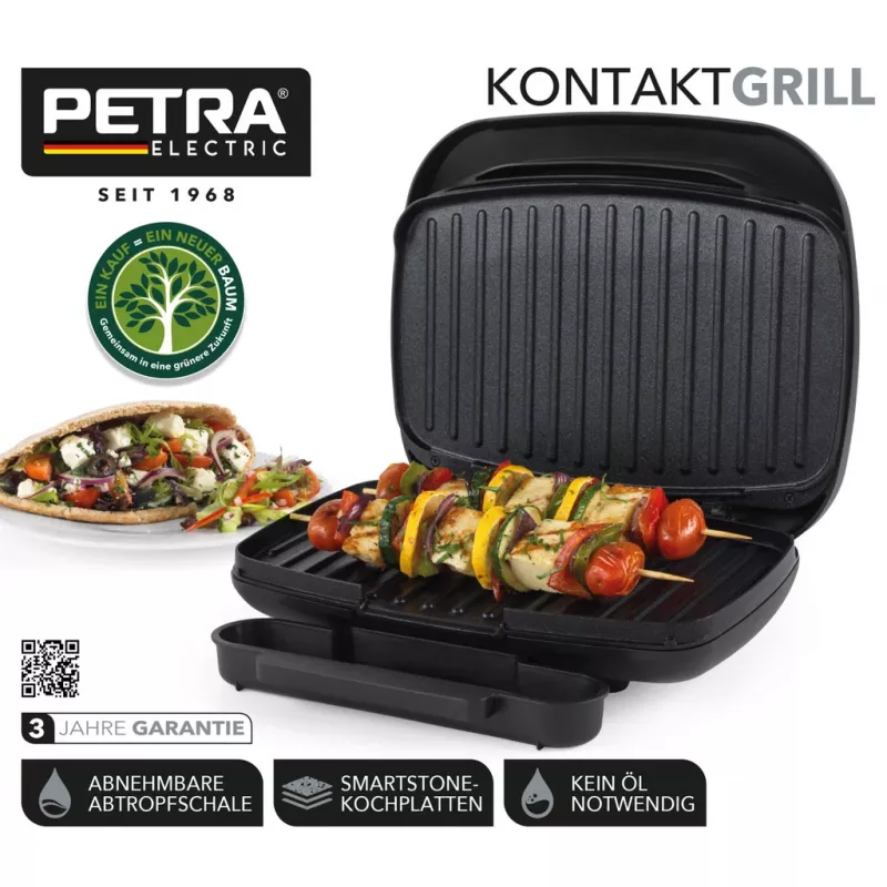 Elektriskais grils Petra PT4366MBLKVDE melnā krāsā ar nepiedegošu virsmu un regulējamu temperatūru