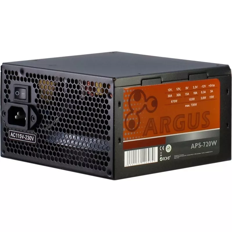 INTER TECH Argus APS-720W - Barošanas bloki (115-230 V, 20+4 kontaktu ATX, 47-63 Hz, 12V1,+12V2,+3.3V,+5V,+5Vsb,12V, aktīvs, ATX, melns)