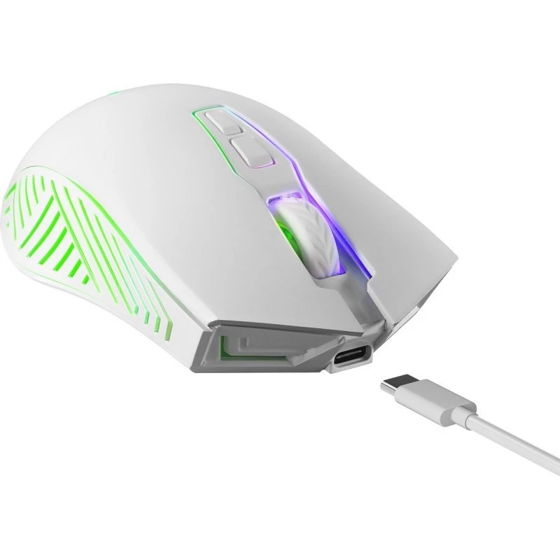 Bezvadu spēļu pele DEFENDER Pandora balta — piemērota abām rokām, 3200 DPI, 6 pogas, programmējama, optiska, USB