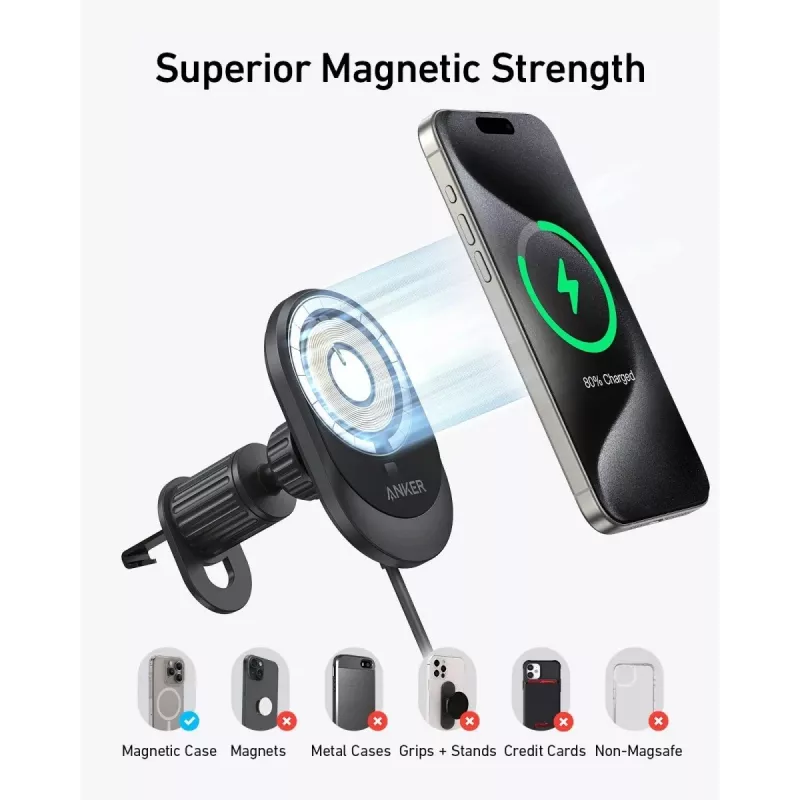 Bezvadu magnētiskais auto lādētājs Anker MagGo 15W — magnētiska 15 W Qi ātrā uzlāde viedtālruņiem, melns