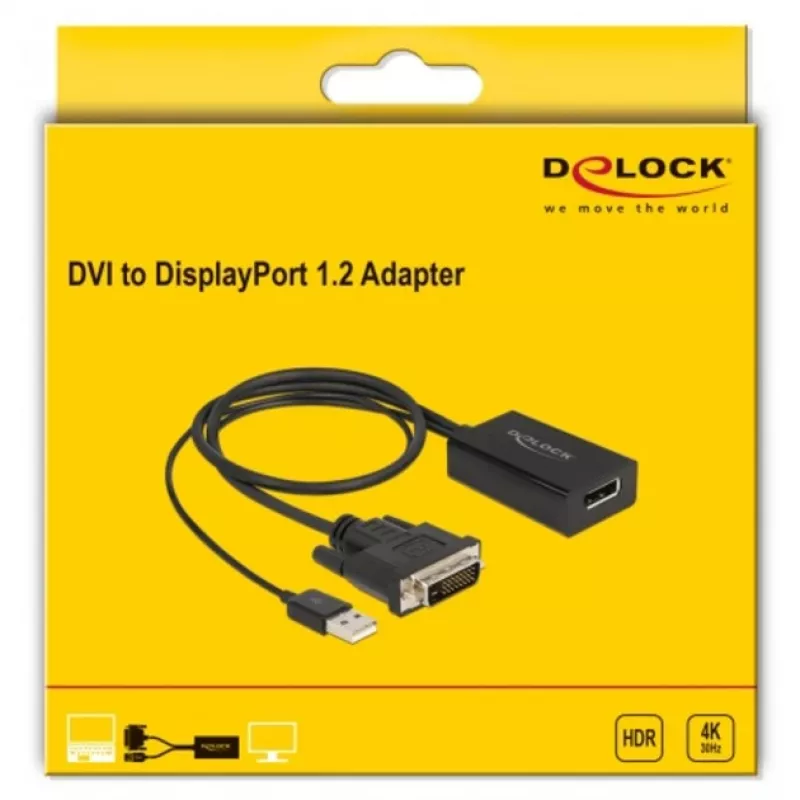 Delock - Adaptera vads - DVI-D, USB (tikai strāvai) (M) uz DisplayPort (W) - DisplayPort 1.2 - 50cm - 4K 30 Hz atbalsts - Melns (63189)