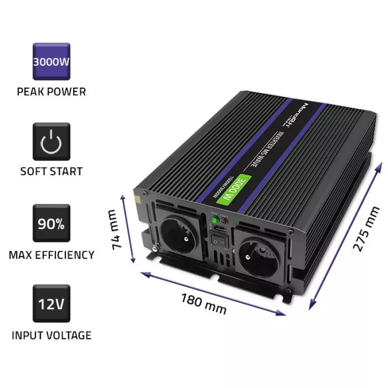 Jaudas pārveidotājs QOLTEC Monolith 3000 MS Wave, 12V→230V, 1500/3000W, ar USB