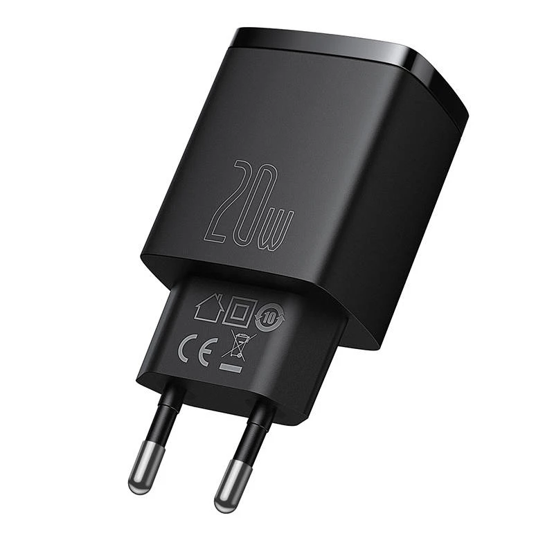 Iekštelpu USB ātrais lādētājs Baseus CCXJ-B01 — 2 porti (USB-C PD 20W + USB-A QC3.0 18W), 100–240 V, melns