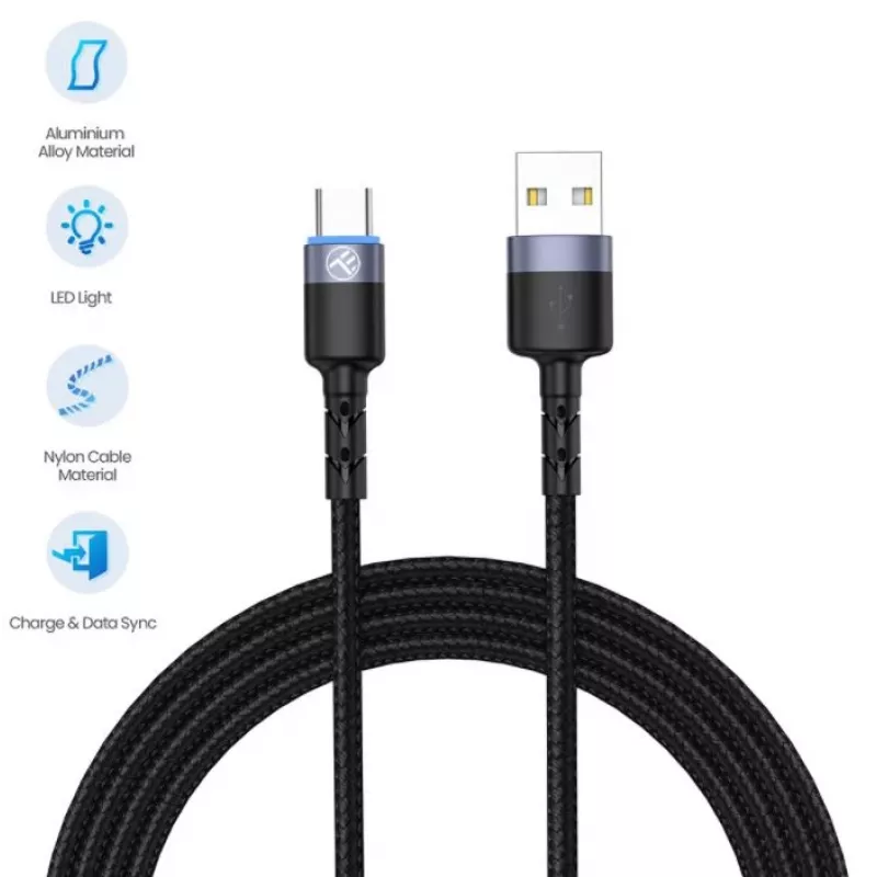 Datu kabelis Tellur USB uz Type-C LED neilona pinumā 1,2 m melns