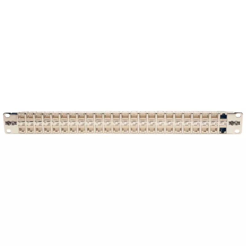 Tripp N254-048-SH-6A 48 porti 1 HE statīva montāžas ekranēts Cat6a STP caurvada sadales panelis - RJ45 Ethernet - TAA - 10 Gigabit Ethernet - RJ-45 - Cat6a - Sudrabs - Balts - Rackeinb