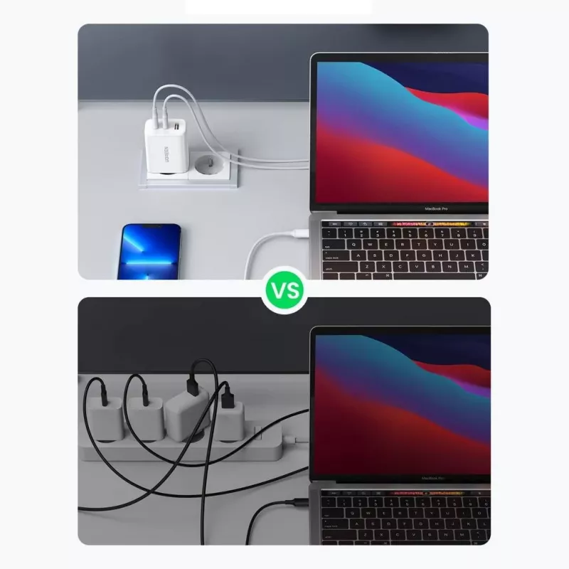 Sienas lādētājs UGREEN CD275 2× USB Type-C 65W Balts — dubults USB-C 65W ātra uzlāde, 100–240V ieeja