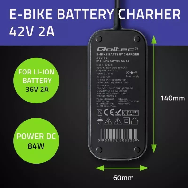 Ebike lādētājs QOLTEC 50332 — 36V/42V izeja, 2A, 5,5×2,1 mm spraudnis