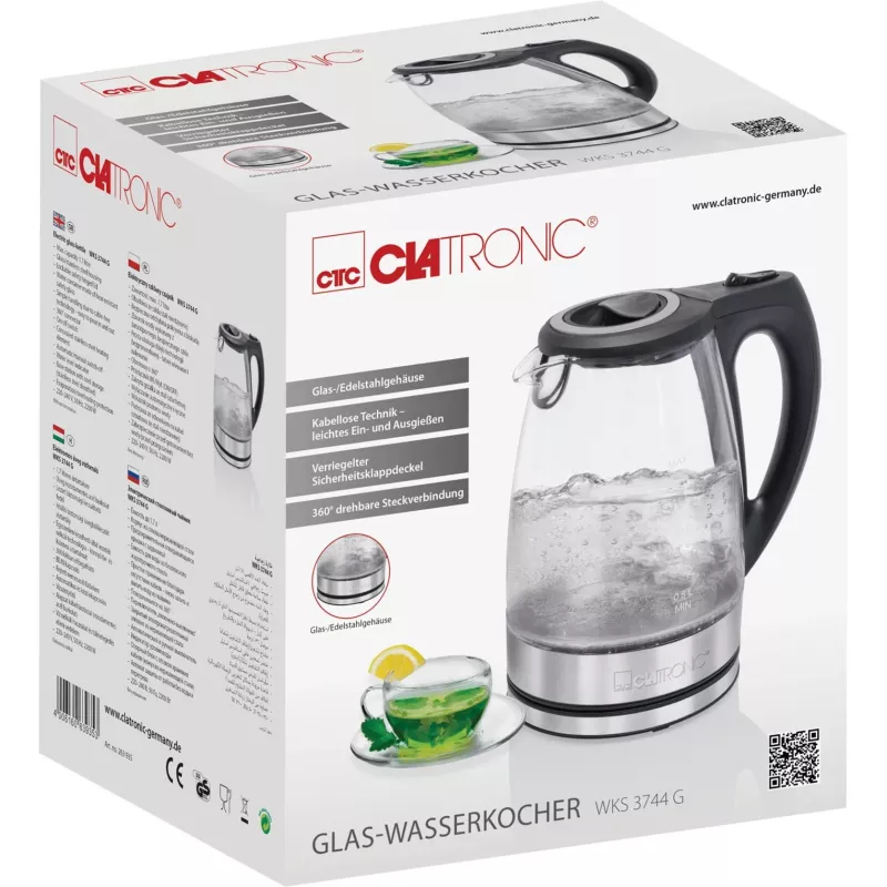 Elektriskā tējkanna CLATRONIC WKS 3744 G — 1,7 L, 2200 W, nerūsējošais tērauds/plastmasa, ūdens līmeņa indikators