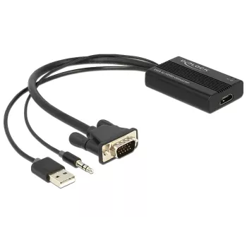 DeLOCK 62597 video kabeļa adapteris 0,25 m, HDMI Type A uz VGA (D-Sub), 3,5 mm un USB Type-A, melns