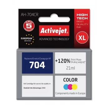 Tintes kasetne ActiveJet AH-704CR saderīga ar HP 704, XL augstas ietilpības, krāsaina (ciāna/fuksīna/dzeltena), 21 ml, atjaunota premium