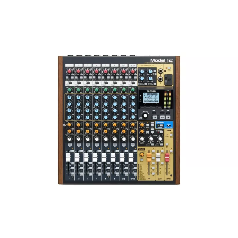 Mikseris Tascam Model 12 — 12 kanālu analogais/ciparu mikseris, 24 bitu, 48 kHz, USB‑C, SD karte, Bluetooth 5.0