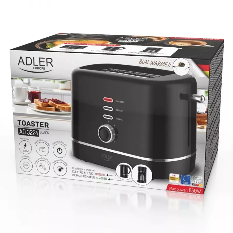 Adler AD 3224b tosteris ar režģi, 7 brūnināšanas līmeņi, melns