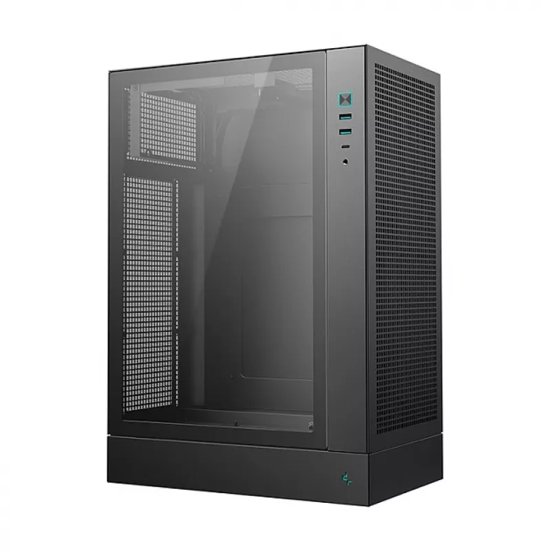 DeepCool CH170 PLUS Tower Melns — micro-ATX/mini-ITX korpusa korpuss, rūdīta stikla logs, USB-C, augšējais barošanas bloka novietojums