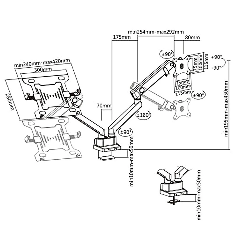 Monitora un klēpjdatora dubultais galda stiprinājums MACLEAN MC-813 17–32 collu ekrāniem, VESA 75x75/100x100