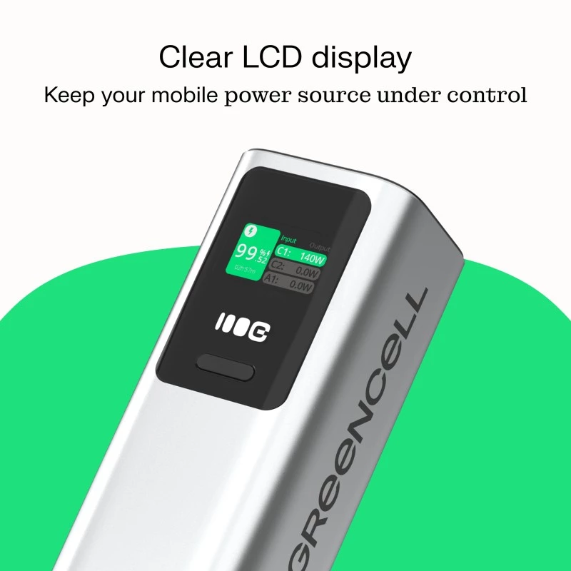 Portatīvais akumulators Green Cell PBGC25UD, 25200 mAh, Li‑Ion, 140 W kopējā jauda, 2× USB‑C + 1× USB‑A, OLED displejs, alumīnija korpuss