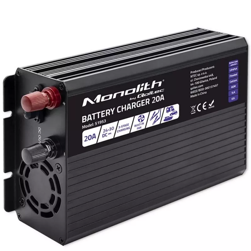 Qoltec Smart Monolith akumulatora lādētājs LiFePO4 AGM GEL SLA akumulatoriem | 20A | 24V
