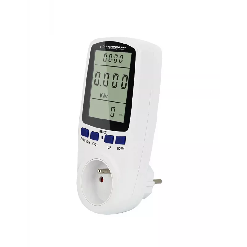 Elektrības patēriņa mērītājs ESPERANZA ELA103 ar LCD displeju — 16 A, 3680 W, 230 V, 50–60 Hz
