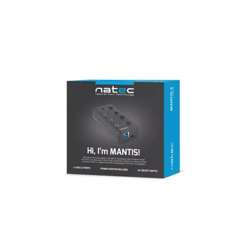 USB centrmezgls NATEC MANTIS USB 2.0 Type-B — 4x USB 3.2 Gen 1 Type-A porti, melns, 0,8 m kabelis, maiņstrāvas adapteris, barošanas slēdzis