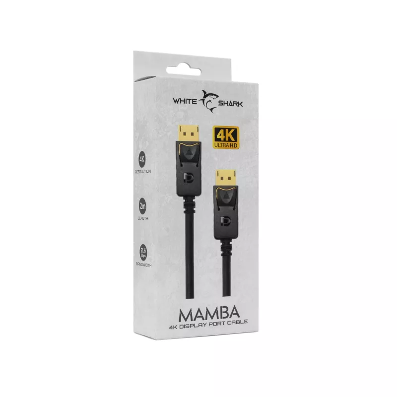 DisplayPort kabelis White Shark MAMBA 2m — 4K 60Hz, savietojams ar 2.0