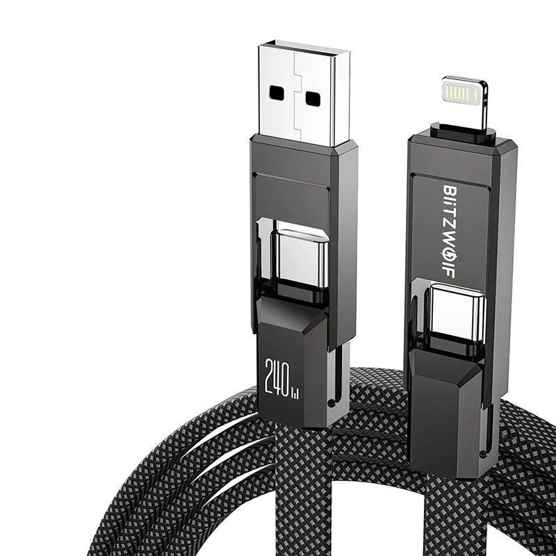 4-in-1 kabelis BlitzWolf BW-HDC7 — USB-C, Lightning, USB-A, Micro-USB 1,2 m 240 W melns