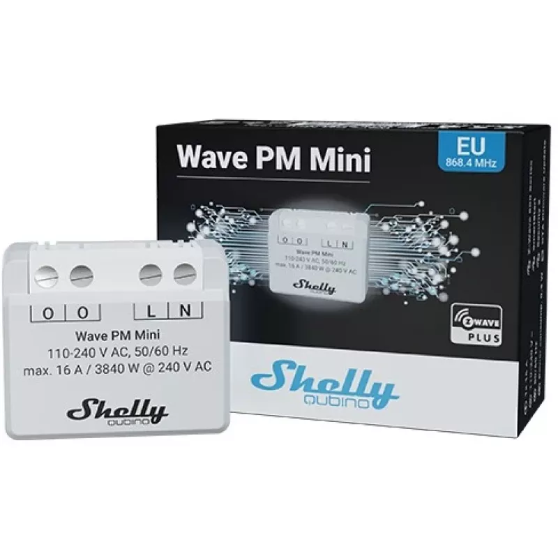 Viedais slēdzis Shelly Qubino Wave PM Mini pelēks, bezvadu, 110–240 V, 16 A, 24–30 V līdzstrāva, 868,4 MHz