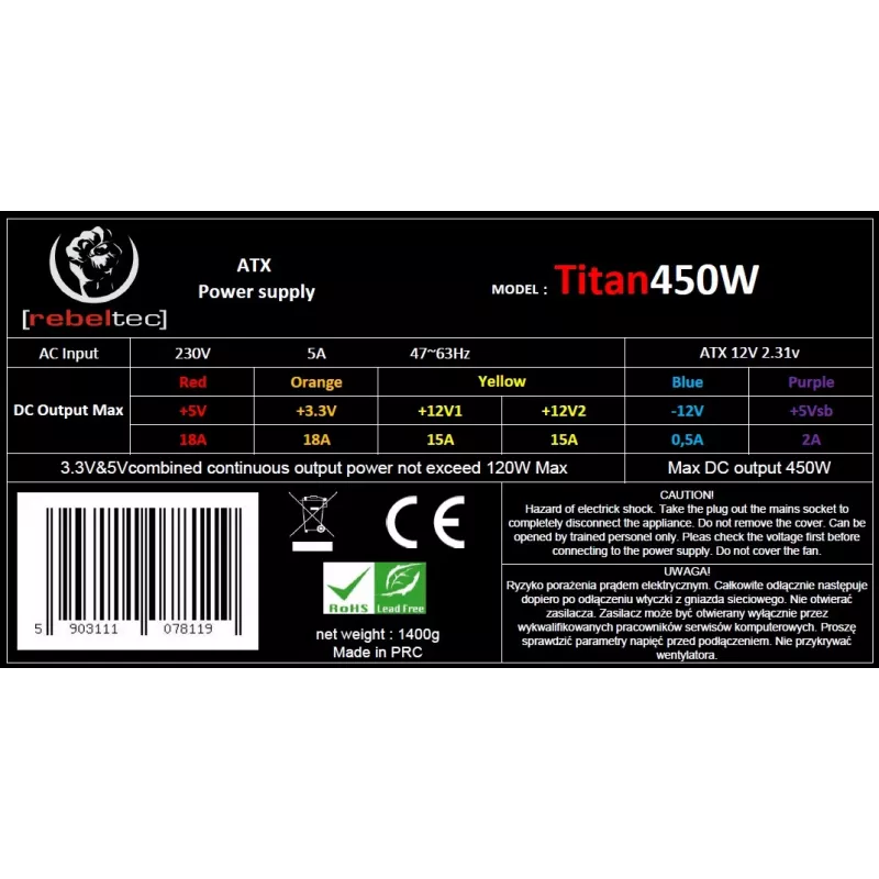 Barošanas bloks ATX ver2.31 TITAN 450W