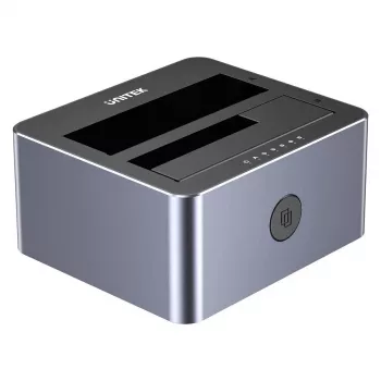 Doku stacija Unitek 51642 2,5 collu/3,5 collu SATA diskiem, USB-C 10 Gb/s, 2 nodalījumu, alumīnija