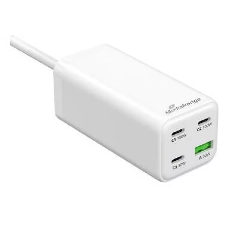 MediaRange MRMA124 mobilās ierīces lādētājs 100W AC, 3x USB-C, 100–240V ieeja, 1,5 m kabelis, Balts