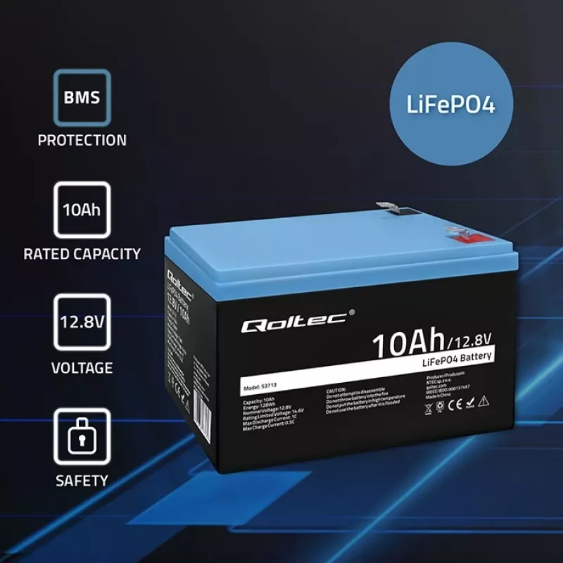 Uzlādējama LiFePO4 baterija QOLTEC 10Ah 12.8V 128Wh ar integrētu BMS