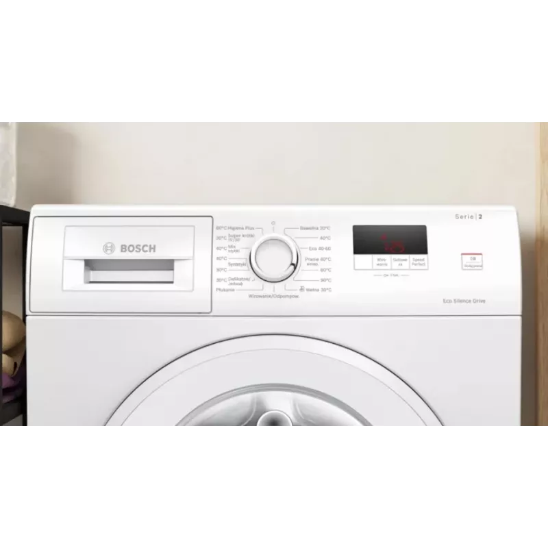 Priekšpusē lādējama veļas mašīna Bosch WGE02201PL — 8 kg, 1200 apgr./min, 55 L tilpnes, LED displejs, invertors