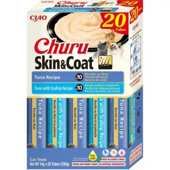 Mitrā kaķu kārbu uzkoda Inaba Foods Churu Ādai un Apmatojumam ar tunci 20 x 14 g (280 g) paciņa