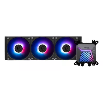 Viss vienā šķidruma dzesētājs MSI MAG Coreliquid A15 360 — 3x 120 mm ventilatori, radiators 394 x 120 x 27 mm, sūknis 5V, RGB, atbalsta LGA 1851