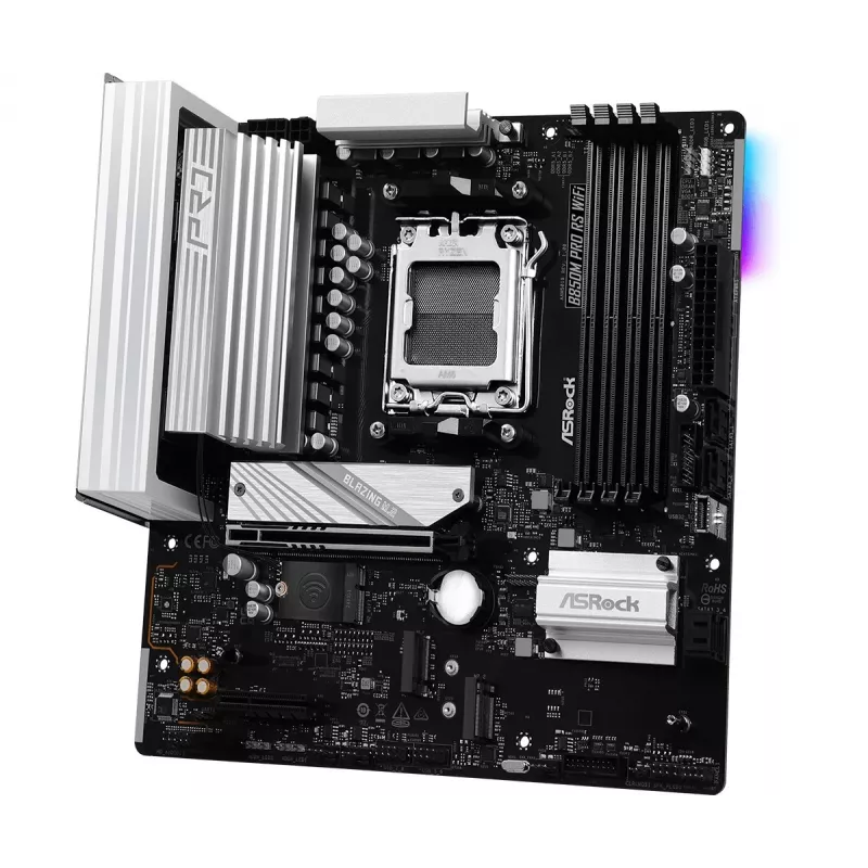 ASRock B850M Pro RS WiFi mātesplate — AMD B850, Socket AM5, microATX, DDR5, 4 DIMM, 256GB, Wi‑Fi 6E, 2.5Gb LAN, 3x M.2