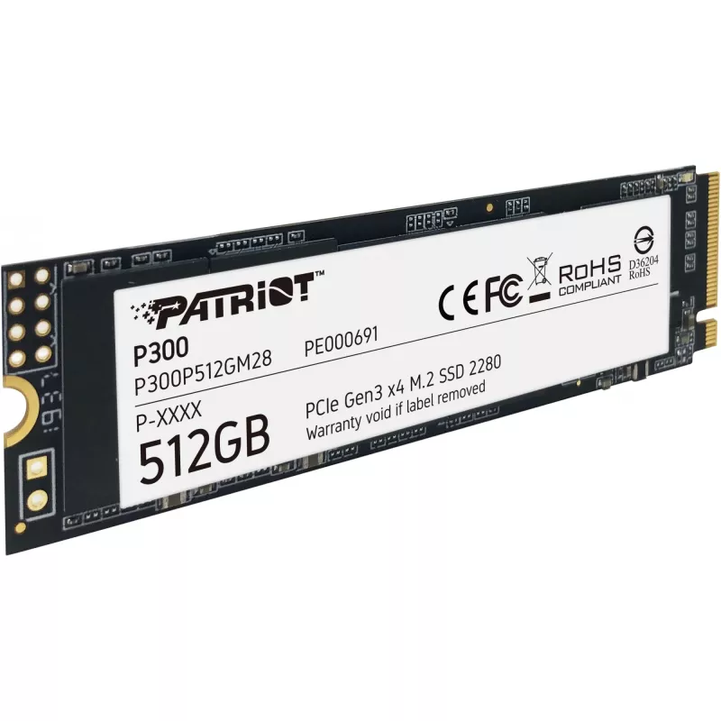 Iekšējais SSD PATRIOT P300 512 GB M.2 PCIe NVMe — lasīšana 1700 MB/s, rakstīšana 1200 MB/s, 3D NAND, 3,8 mm, TBW 240