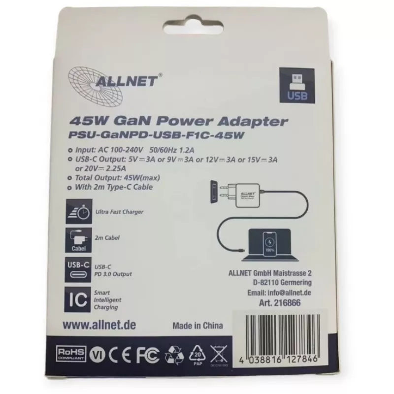 Barošanas bloks ALLNET PSU-GaNPD-USB-F1C-45W 45 W USB-C PD lādētājs ar 2 m kabeli un ES spraudni