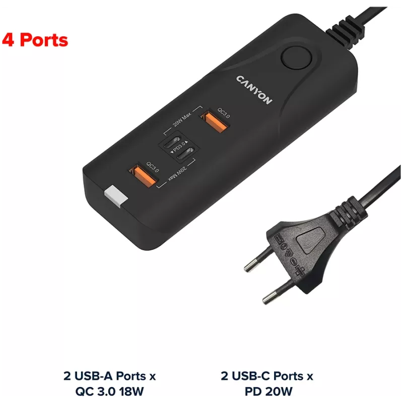CANYON lādētājs H-10 PD 20W QC 3.0 18W 2USB-A 2USB-C galda melns