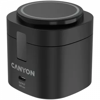 Canyon 4 in 1 bezvadu uzlādes statīvs, 30W max, izmērs: 70x70x70.3mm, svars: 414g, ar 65W lādētāju un 1M kabeli, melns