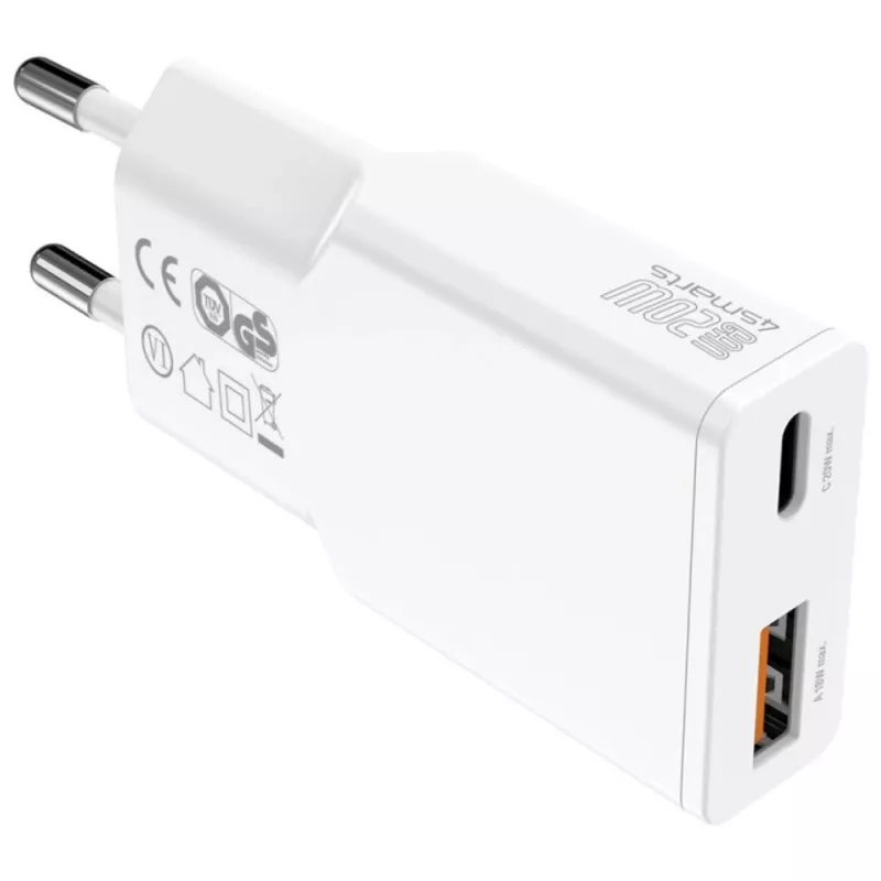 Mobilās ierīces lādētājs 4smarts 541509 — 100–240V, USB-A + USB-C, 1,5 m kabelis, ātrā uzlāde, balts