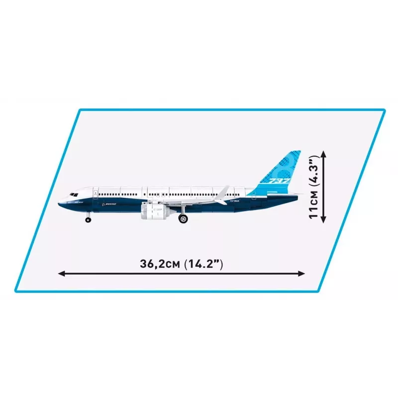 Būvniecības komplekts Cobi Boeing 737-8 — 340 detaļas, ieteicamais vecums 7+, zila un balta