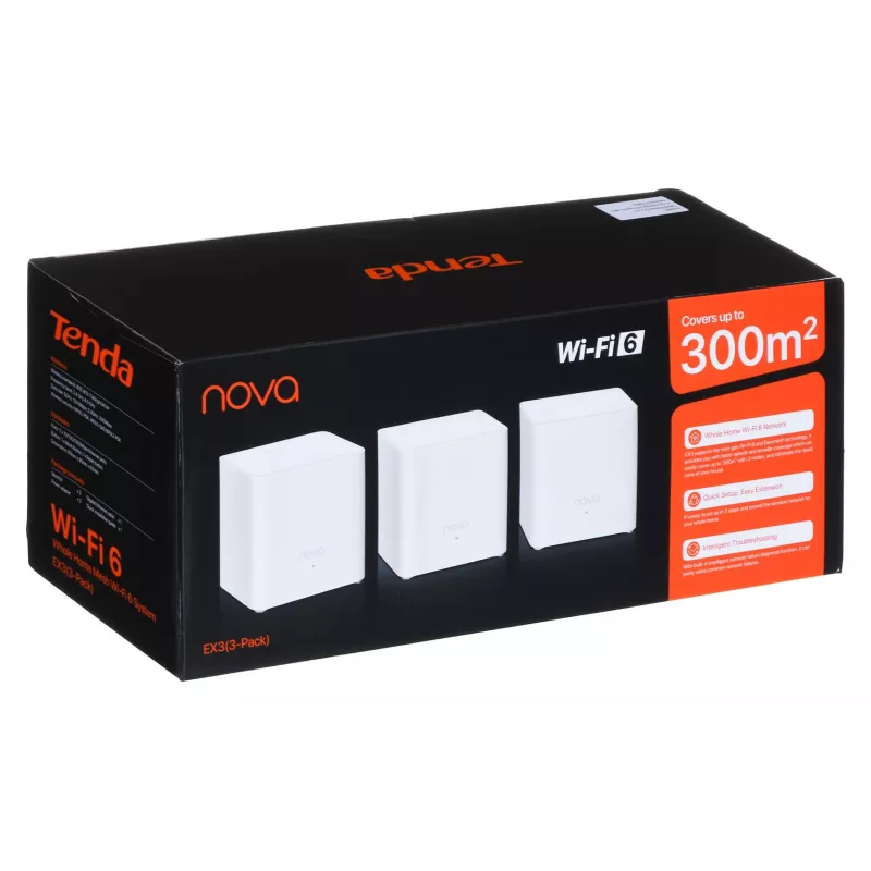 Mesh Wi‑Fi sistēma TENDA EX3-3, 3-gabalu komplekts, divjoslu 2.4/5 GHz, Wi‑Fi 6, līdz 1201+300 Mbit/s, 2 iekšējās antenas, WPA3