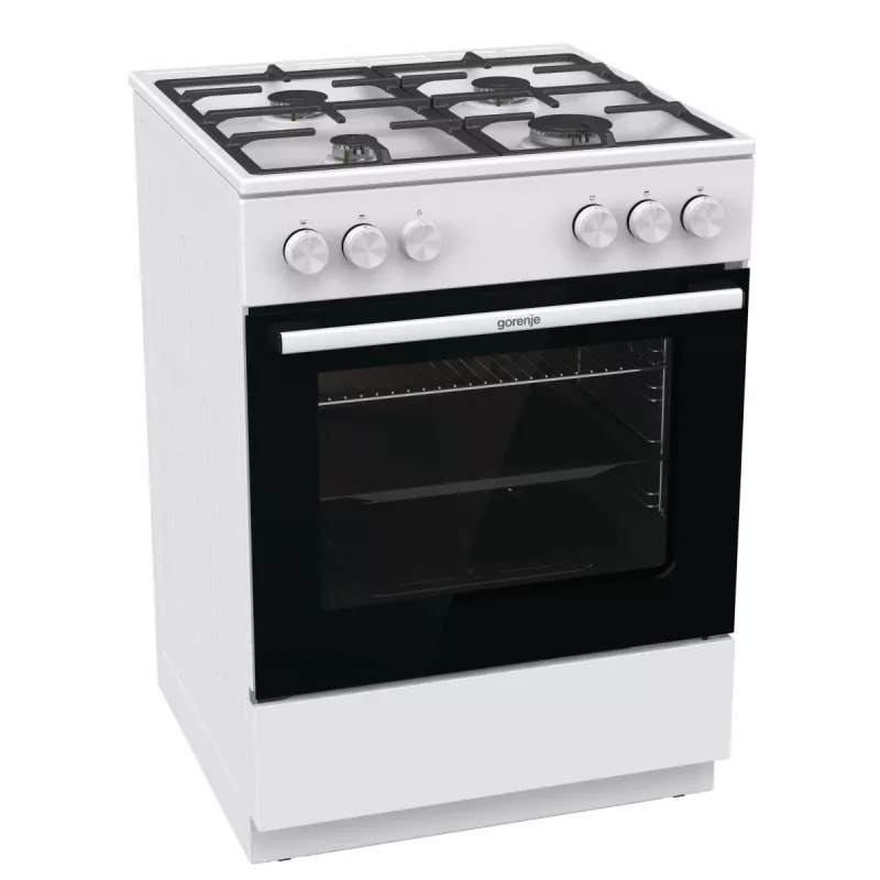 Brīvi stāvoša gāzes plīts Gorenje GG6A10WFFM, balta, 4 degļu plīts virsma, 72 L gāzes cepeškrāsns, rotējošas priekšējās vadības ierīces