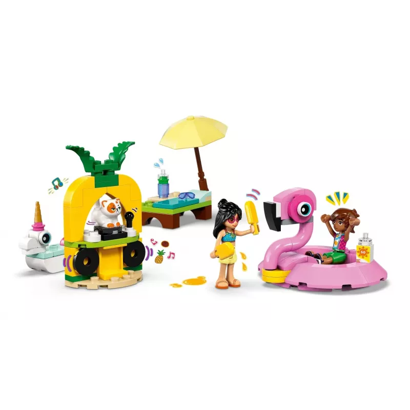 Konstrukciju rotaļlieta LEGO Friends komplekts 42658 Baseina ballīte ar vienradzi un flamingo, tēli un aksesuāri