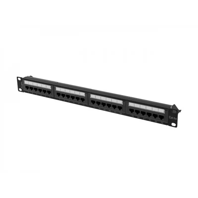Plākstera panelis 1U LANBERG PPUA-1024-B, 24 porti, Cat6a, U/UTP, 1U statnes, dziļums 102 mm, metāls, melns