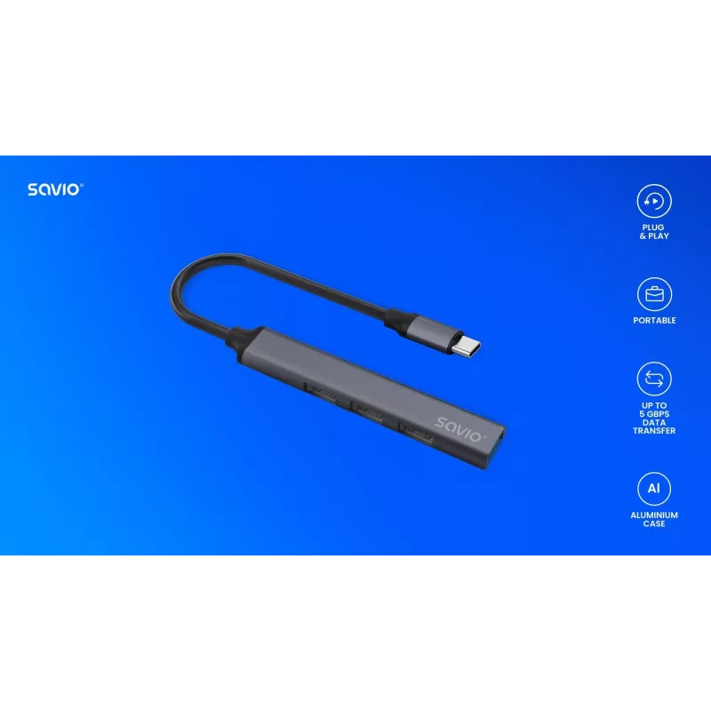 USB 3.0 4-portu saskarnes centrmezgls SAVIO AK-71 ar USB-C resursdatora pieslēgvietu, 5000 Mbit/s, 2 gadu garantija