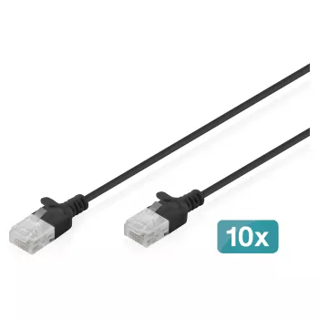 komutācijas kabelis CAT6 U-UTP plāns 2 m melns, DIGITUS 10 gab. iepakojums