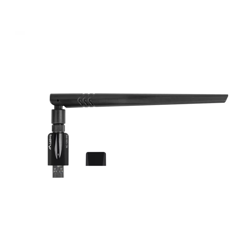 Iekšējā WLAN karte LANBERG NC-1200-WIE — Divu joslu USB WLAN adapteris, RTL8812BU, līdz 1200 Mbit/s, ārējās 2x2 antenas (5 dBi), melna