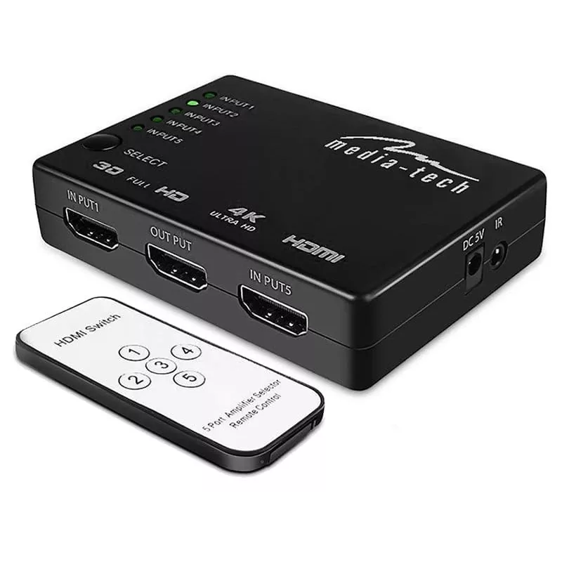 HDMI video pārslēdzējs MEDIA-TECH MT5207, 5x HDMI ieejas, 1x HDMI izeja, melns