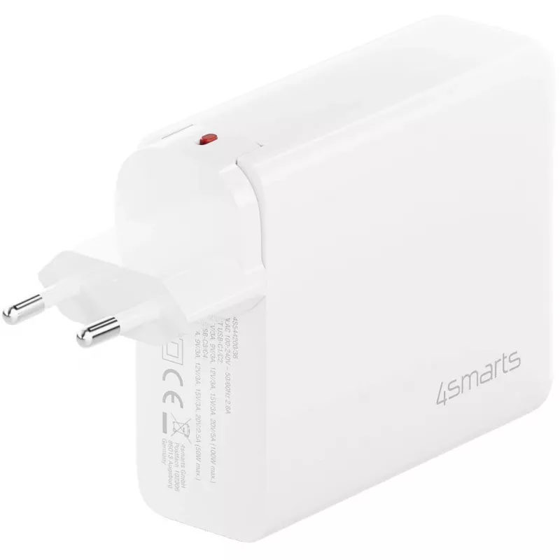 Iekštelpu maiņstrāvas ātrais lādētājs 4smarts 545200 — 200 W, 4× USB-C, 100–240 V, 1,5 m kabelis, balts