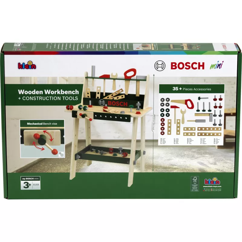 Bērnu koka darbagalds Theo Klein Bosch modelis 8169 ar priedes koka vidēja izmēra virsmu un rotaļlietu instrumentiem